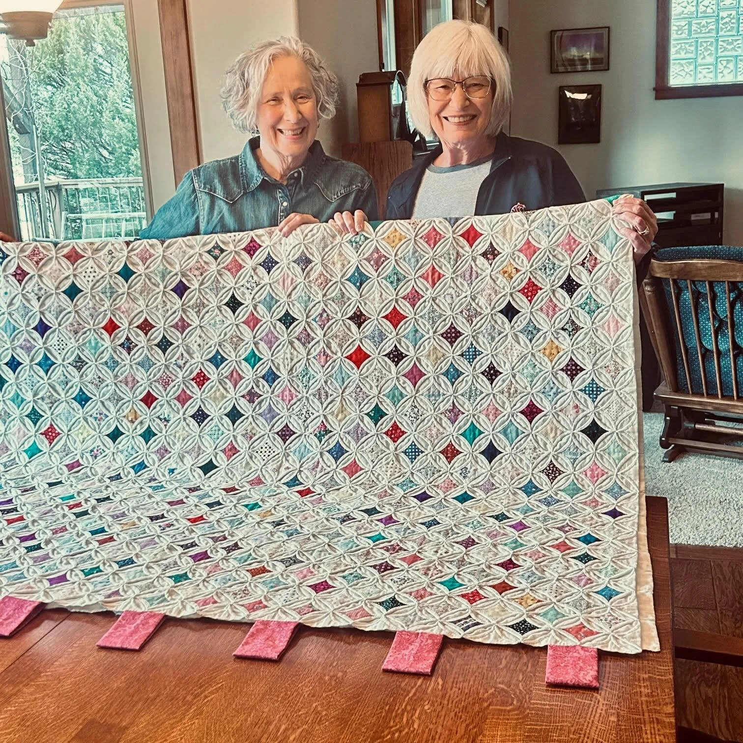 Beverly was diagnosed with Alzheimer&rsquo;s shortly before 2018, at which time, she had to stop working on this cathedral quilt. Her daughter, Bev Jane, submitted the project to Loose Ends, hoping to have it finished as a way to honor her mom before