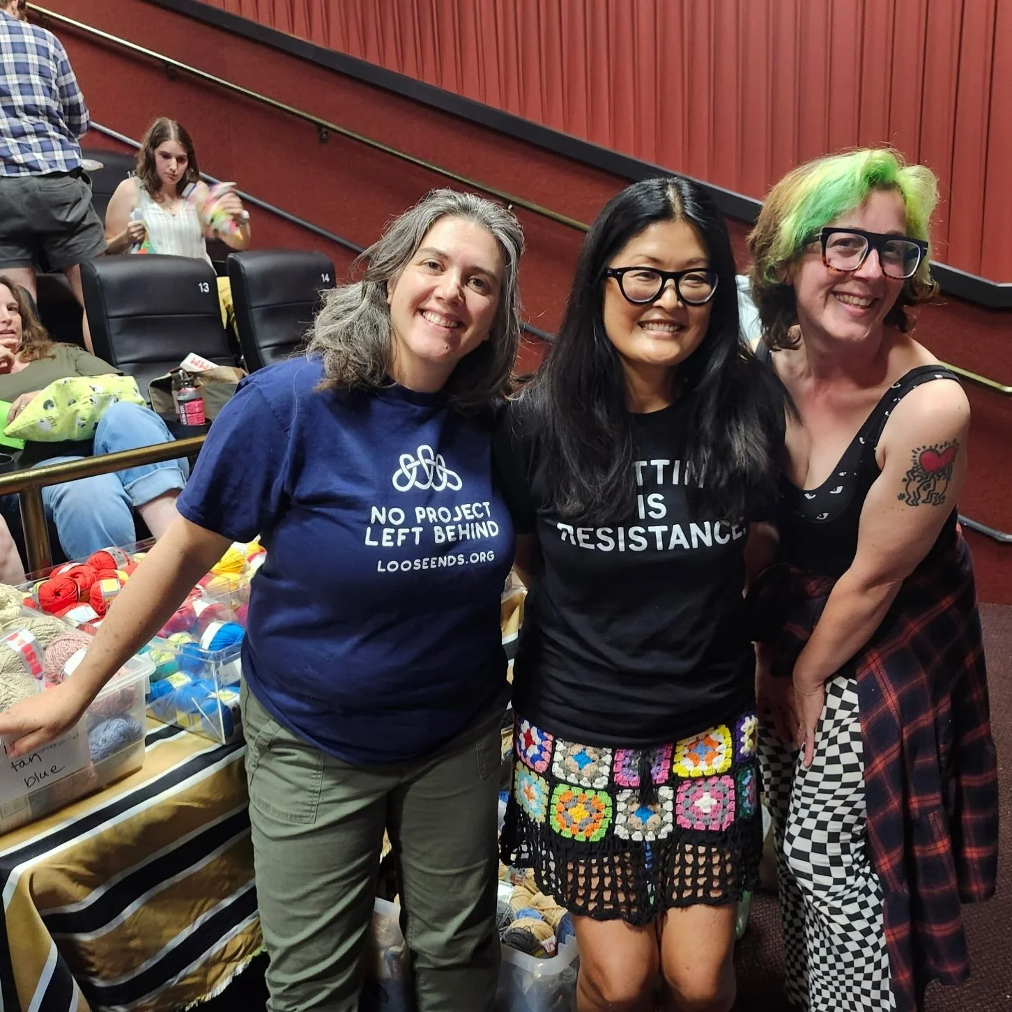 @knitmovieclub yesterday was a delight, a refuge from the rain, fun crafting community time watching &ldquo;a league of their own&rdquo; with piles of free gifts from @swansonsfabrics &mdash;- thank you to everyone who joined us!! Special thanks to L