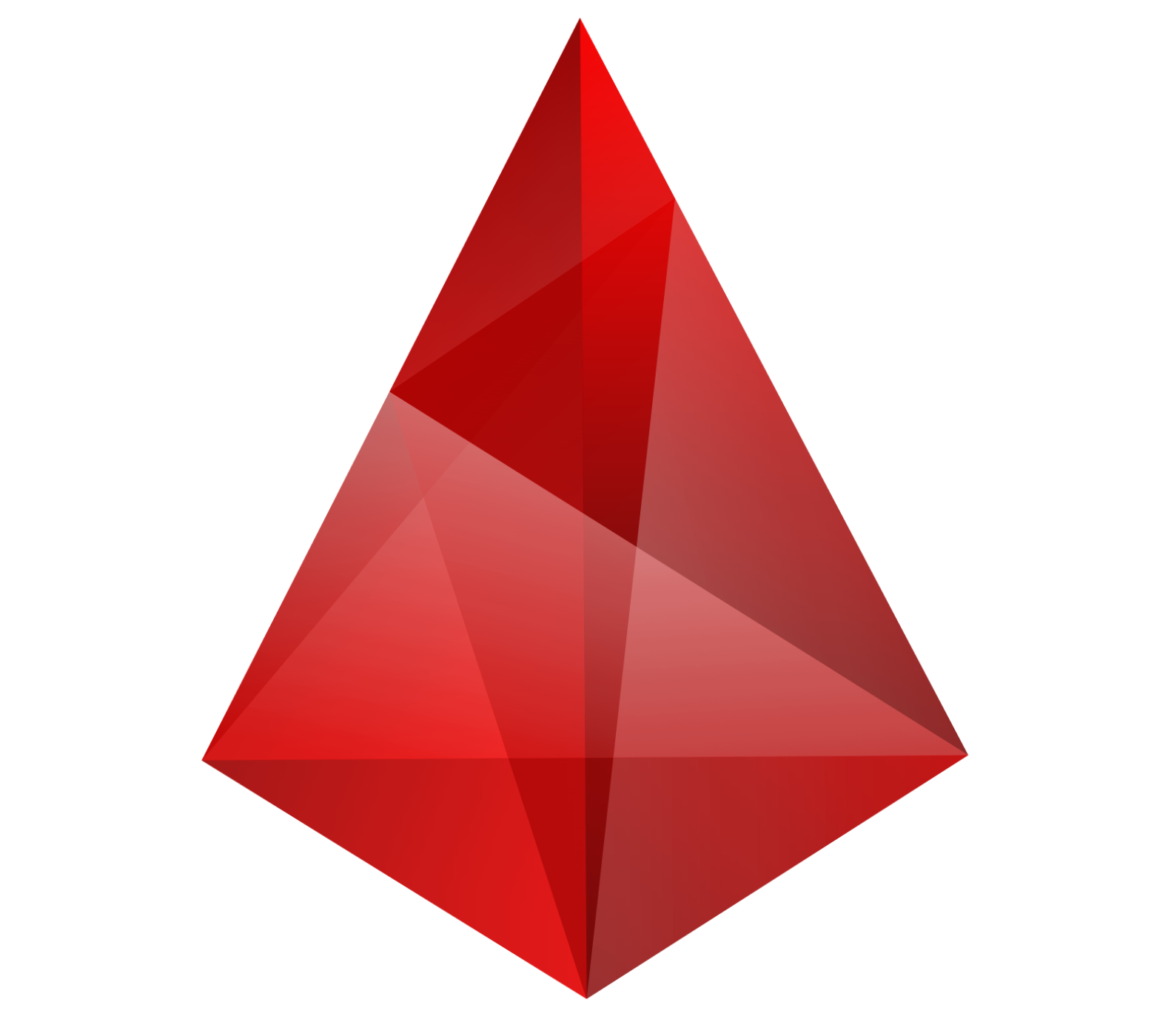 A red, three-dimensional, faceted diamond-shaped object with a glossy surface.