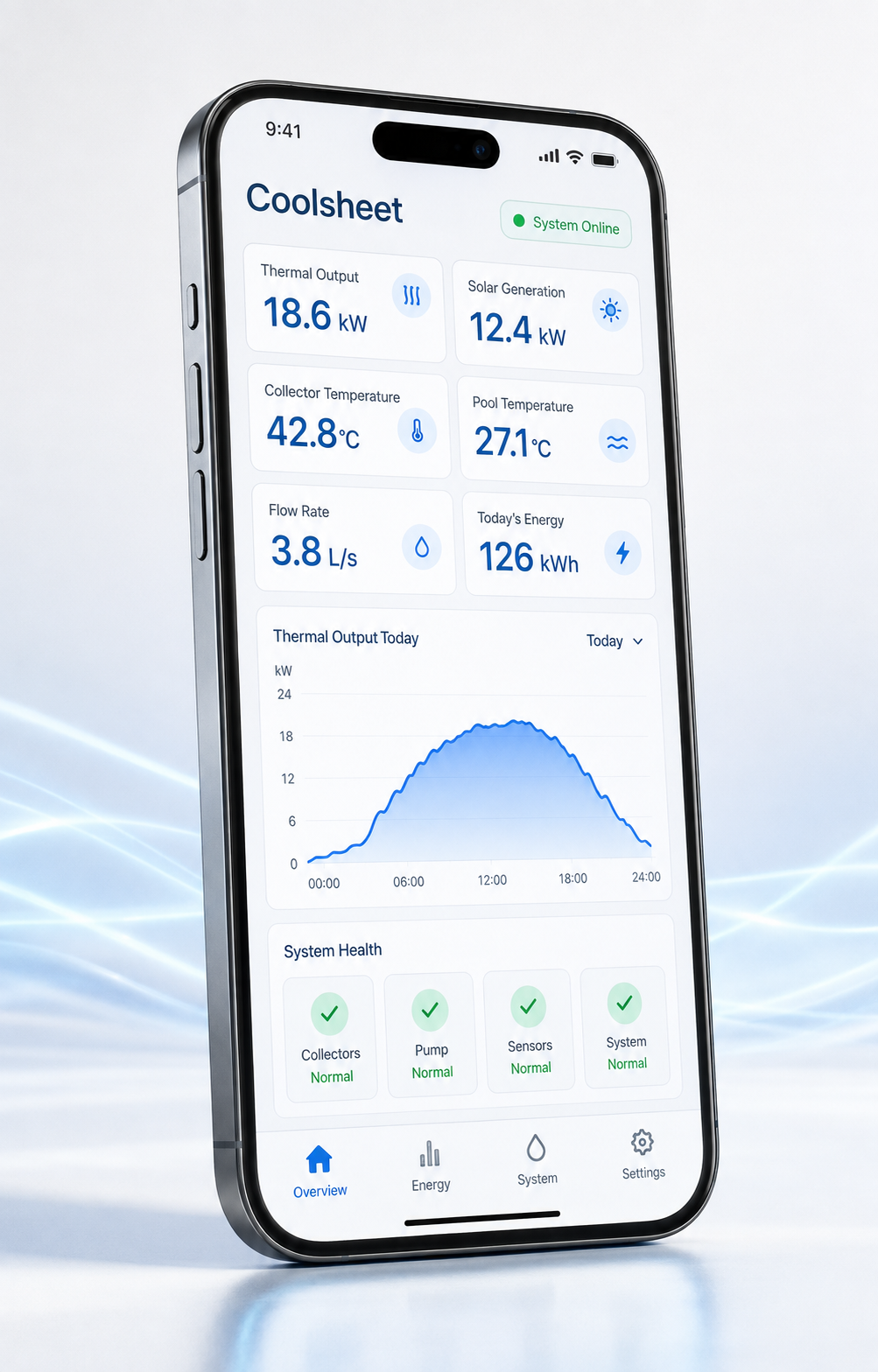 My Coolsheet mobile dashboard preview showing thermal output, solar generation, temperatures and system health