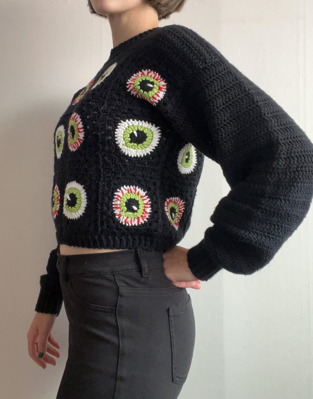 Granny Square Crochet Cropped Cardigan for Women in Black/White