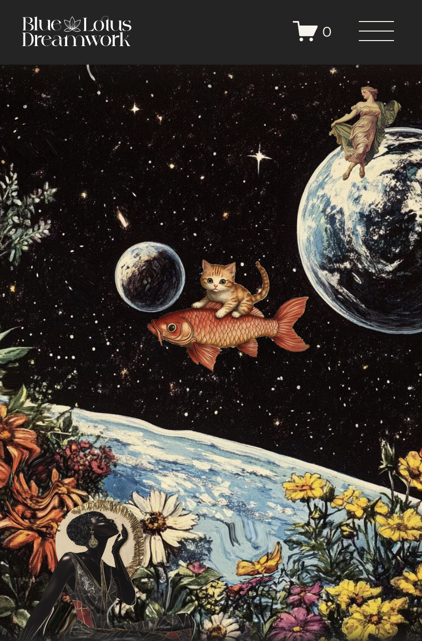 A cosmic-themed illustration featuring Earth and planets in space with flowers and a mysterious figure in the foreground.