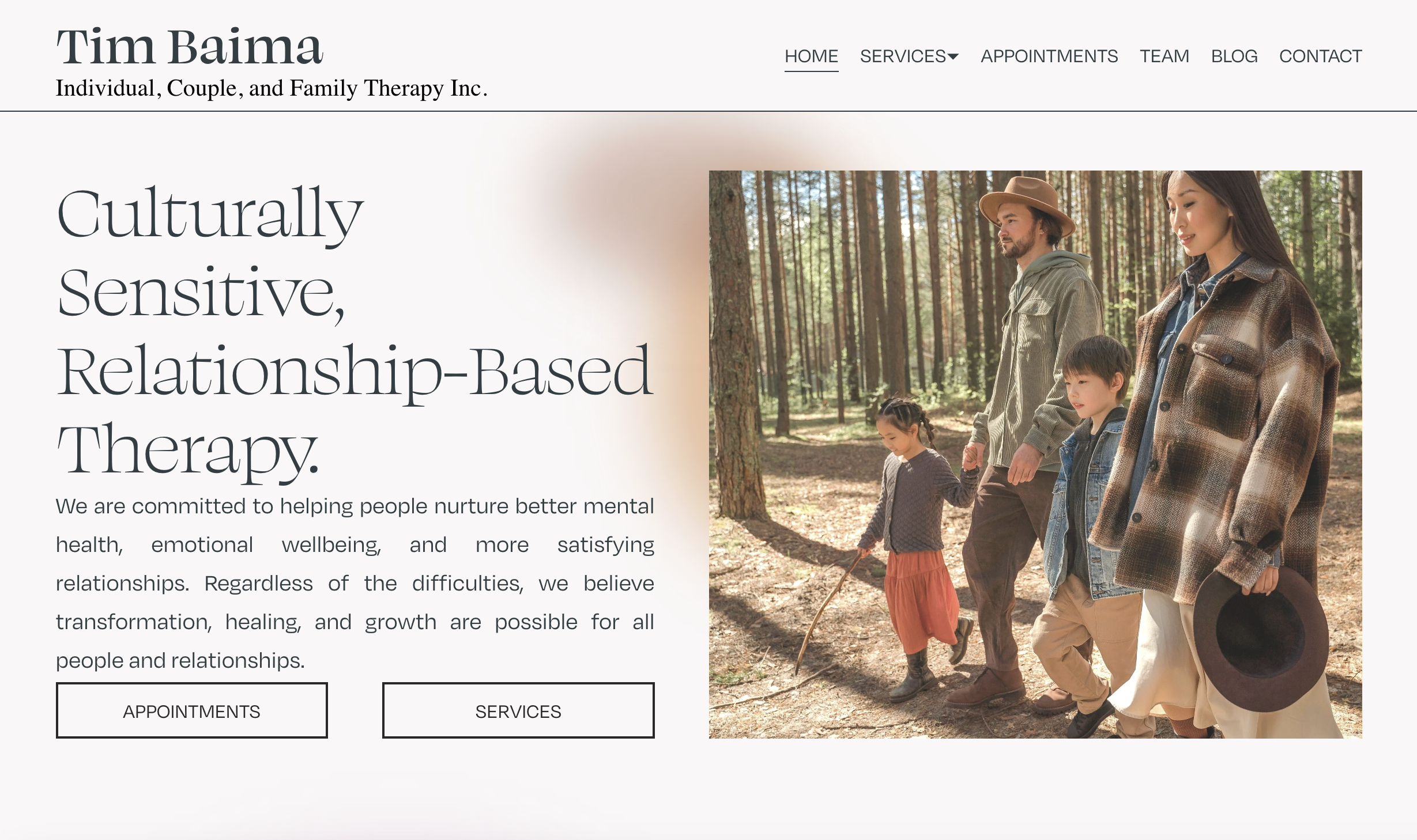 Website homepage for Tim Baima, a therapist specializing in relationship and family therapy. The page features a large photo of a diverse group of four people walking together in a forest, holding hands and smiling.