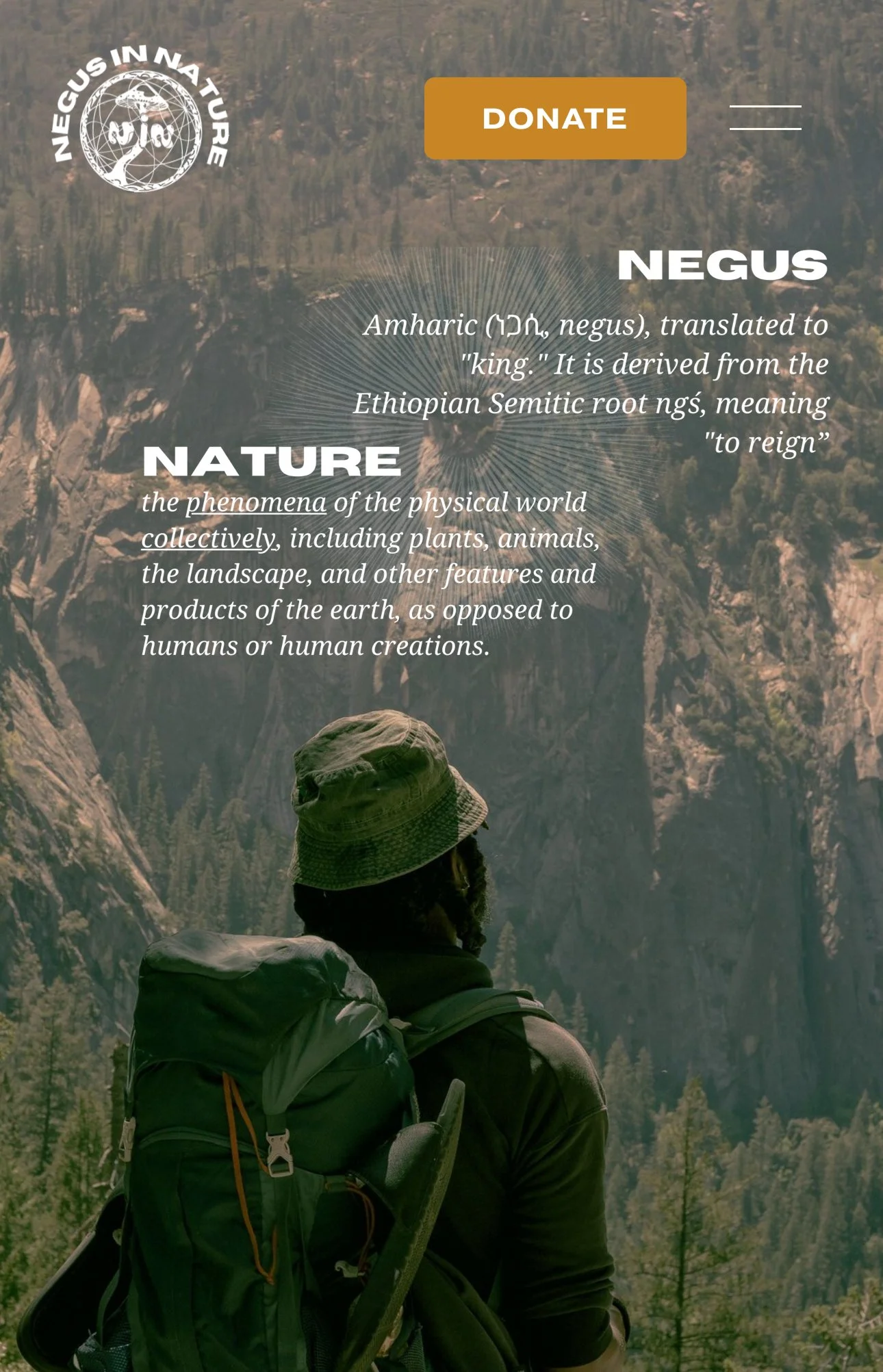 A person in outdoor gear with a backpack and hat, looking at a mountainous landscape with forested cliffs, with an overlay of informational text about nature and the word 'Negus'.