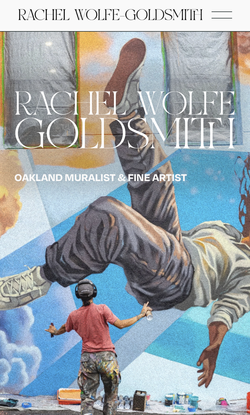 Poster promoting Rachel Wolfe-Goldsmith's mural art in Oakland, showing an artist painting a large colorful mural of a person in contemporary clothing with spray paint cans nearby.