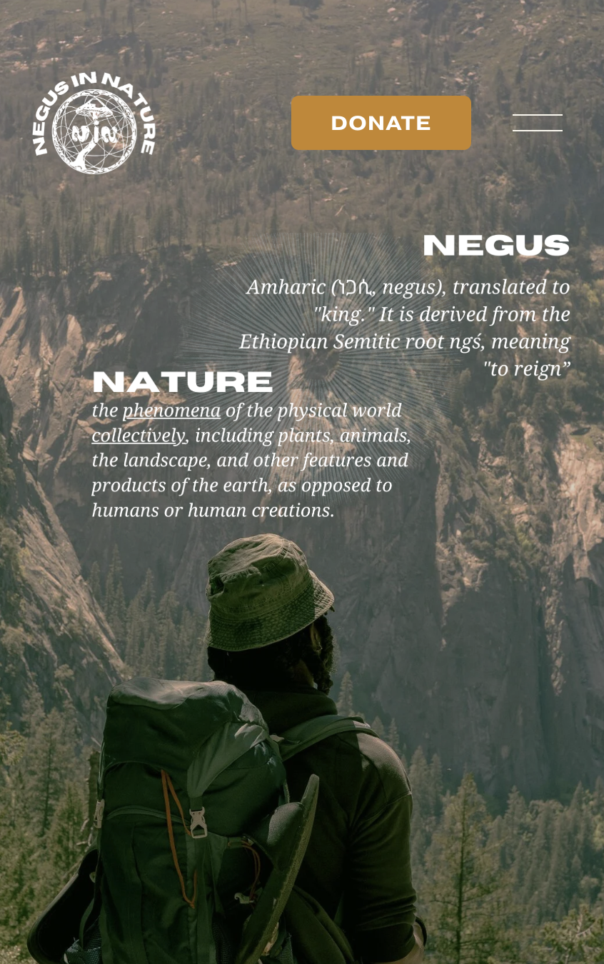 A person with a green backpack and hat stands in a forest within a mountainous landscape, looking into the distance. The image features an overlay of text explaining the word 'NEGUS' and its meaning related to nature.