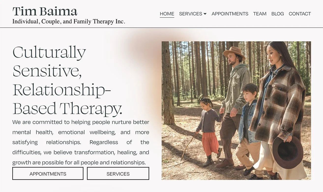 A website homepage for Tim Baima, an individual, couple, and family therapy practice. The page features a large header with the practice name, navigation menu, and a main image of a family walking through a forest. The family consists of a man, woman, and two children, all dressed in casual outdoor clothing.