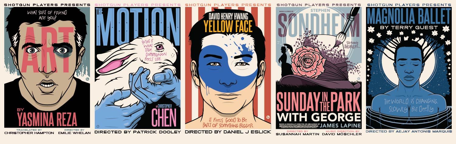A series of five theatrical posters, each featuring different artwork and titles for plays presented by Shotgun Players. The posters include illustrations of characters and thematic visuals for each production, with titles like "ART," "MOTION," "YELLOW FACE," "SUNDAY IN THE PARK WITH GEORGE," and "MAGNOLIA BALLET."