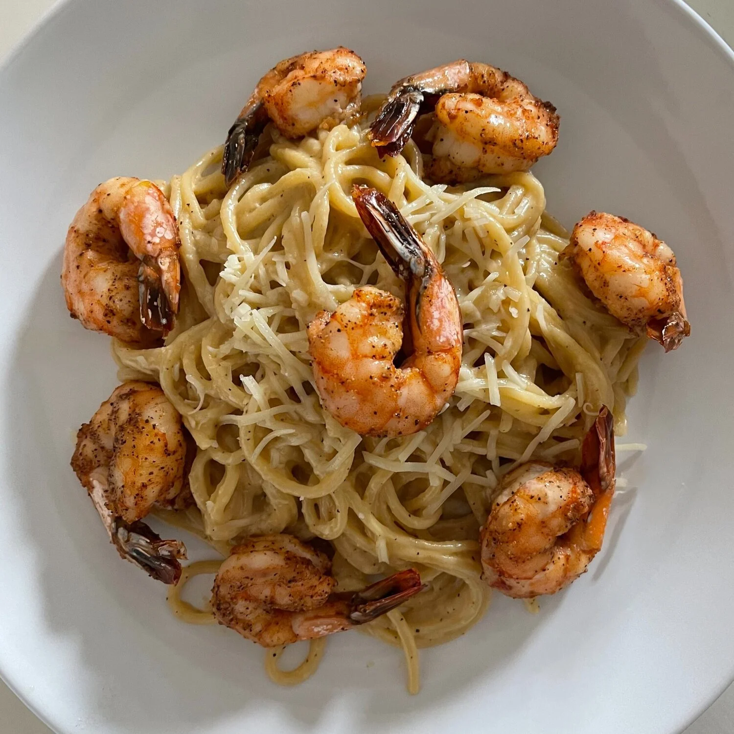 Creamy parmesan pasta with roasted shrimp