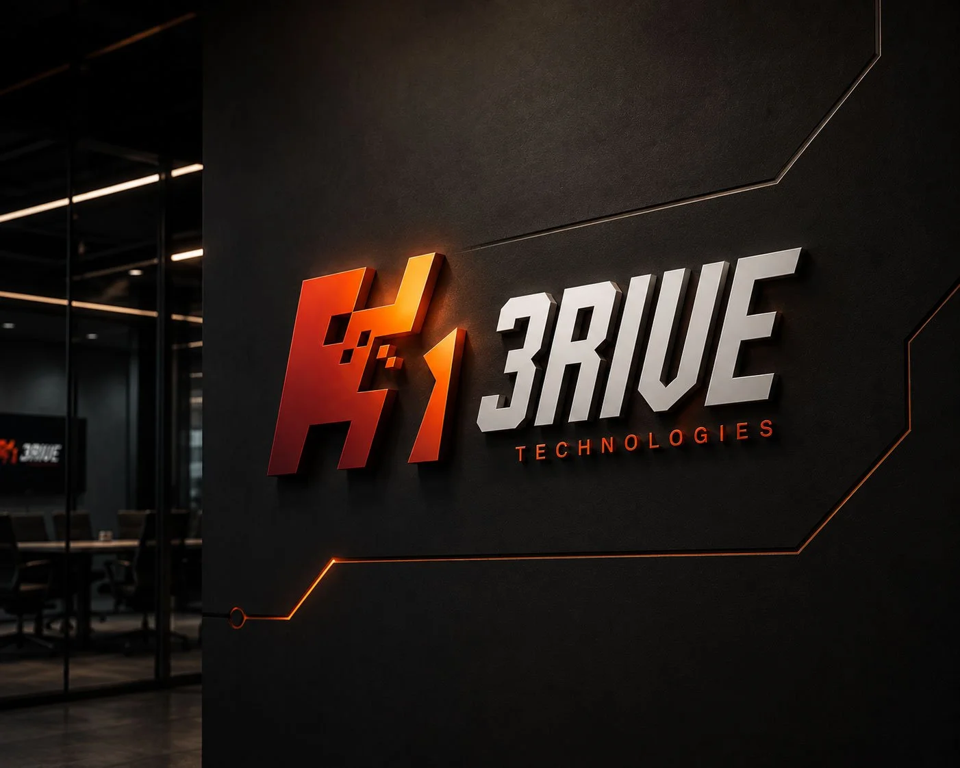Sign for 3RIVE Technologies with a stylized logo on a dark wall.