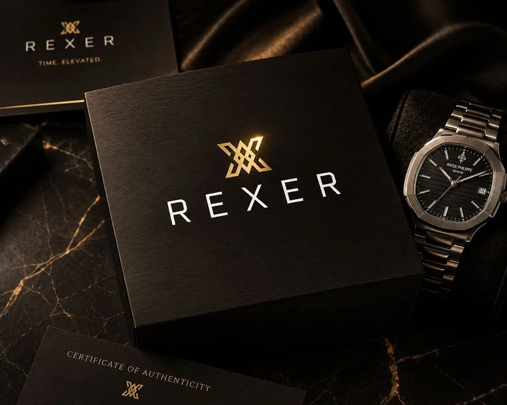 A black box labeled 'REXER' with gold logo, a Patek Philippe wristwatch with a black dial and date display, and a certificate of authenticity on a black marble surface.