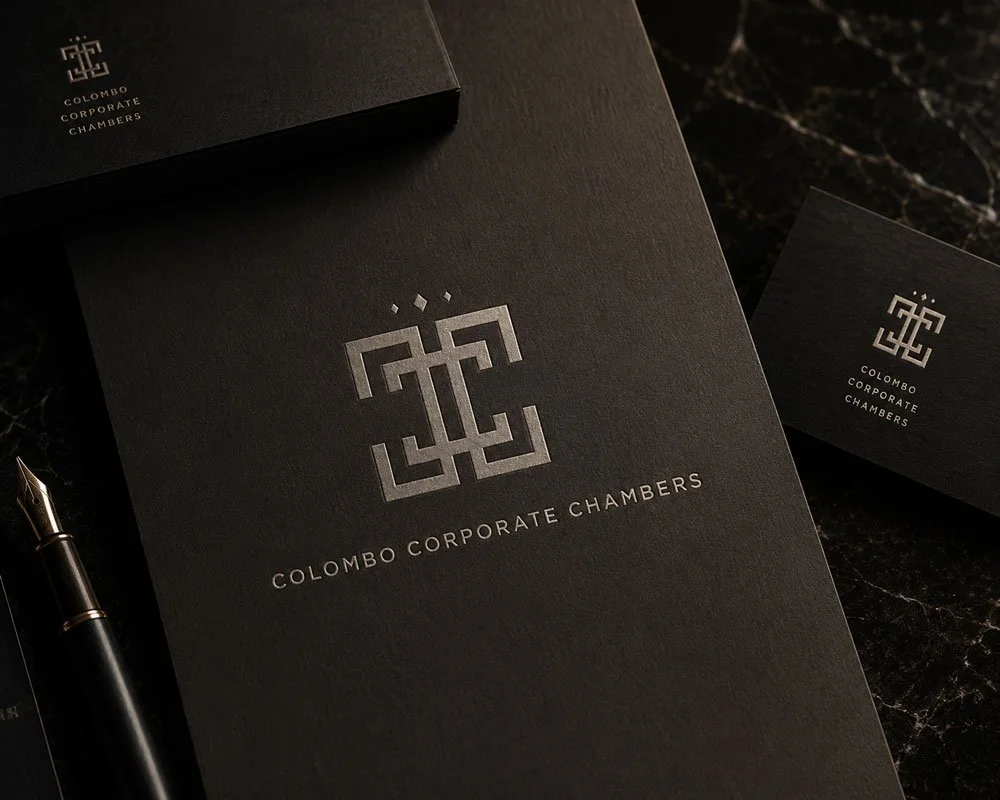 Black corporate branding materials with silver logo and text for Colombo Corporate Chambers, including a folder, business card, and pen on a dark marble surface.