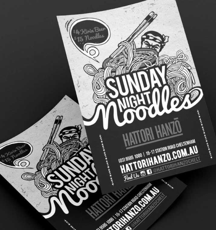 Flyer for Sunday Night Noodles event by Hattori Hanzo at Cheltenham station, includes contact info and social media.