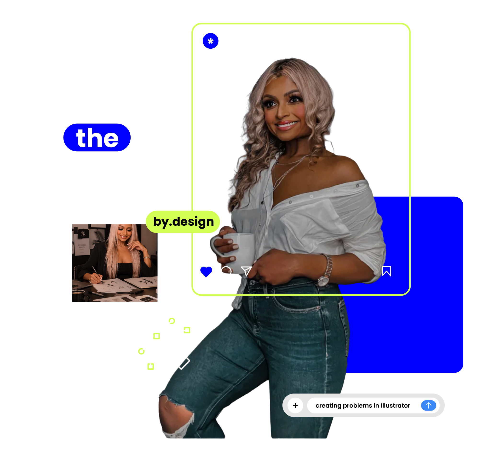A woman with blonde hair and a light-colored off-the-shoulder top holding a cup, standing in front of a black background with large white text and colorful design elements.