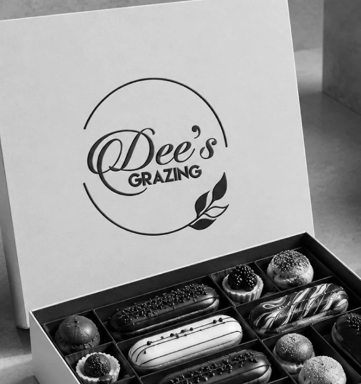 A box of assorted decorated donuts and small pastries with a logo on the lid that reads "Dee's Grazing".
