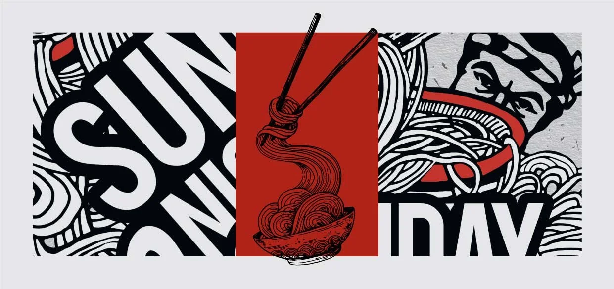 Stylized graphic design with a large bowl of ramen noodles, chopsticks lifting noodles, and the phrase 'SUNDAY' with part of the word cut off, using black, white, and red colors.