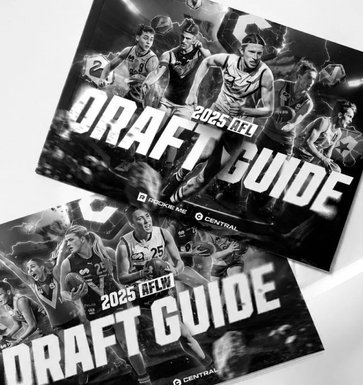 Two 2025 draft guides for the AFL, one featuring male athletes playing football and one with female athletes in action, both with a lightning storm background.