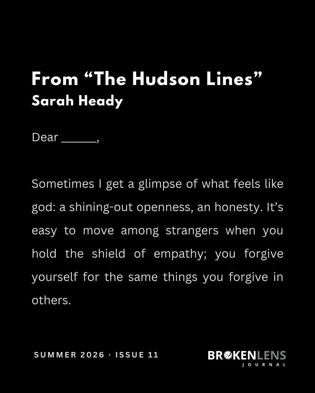 &ldquo;Because I neglected to write you for so long, it almost doesn&rsquo;t make sense to answer.&rdquo;

Read &amp; listen to &ldquo;From &lsquo;The Hudson Lines&rsquo;&rdquo; by @headylines from our latest issue at the link in our bio.

Sarah Head