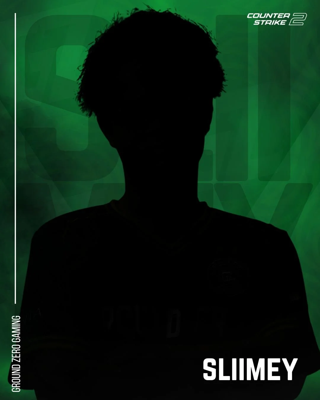 Silhouette of a person in front of a green background with the text 'Counter Strike 2' and 'Ground Zero Gaming' written on it. The name 'SLIMEY' is at the bottom.