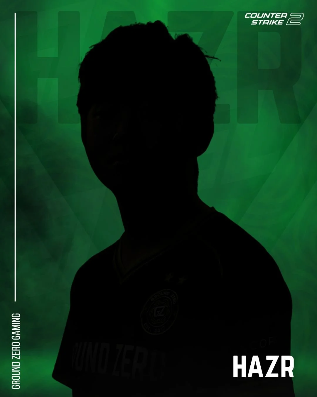Silhouette of a person with spiky hair against a green background with text 'Counter Strike 2' and 'Ground Zero Gaming', name 'Hazr', and logo on shirt.