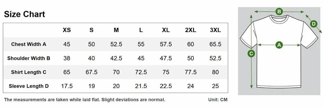 Size chart for T-shirts with measurements for chest width, shoulder width, shirt length, and sleeve length in centimeters, alongside an illustration showing measurement points on a T-shirt.