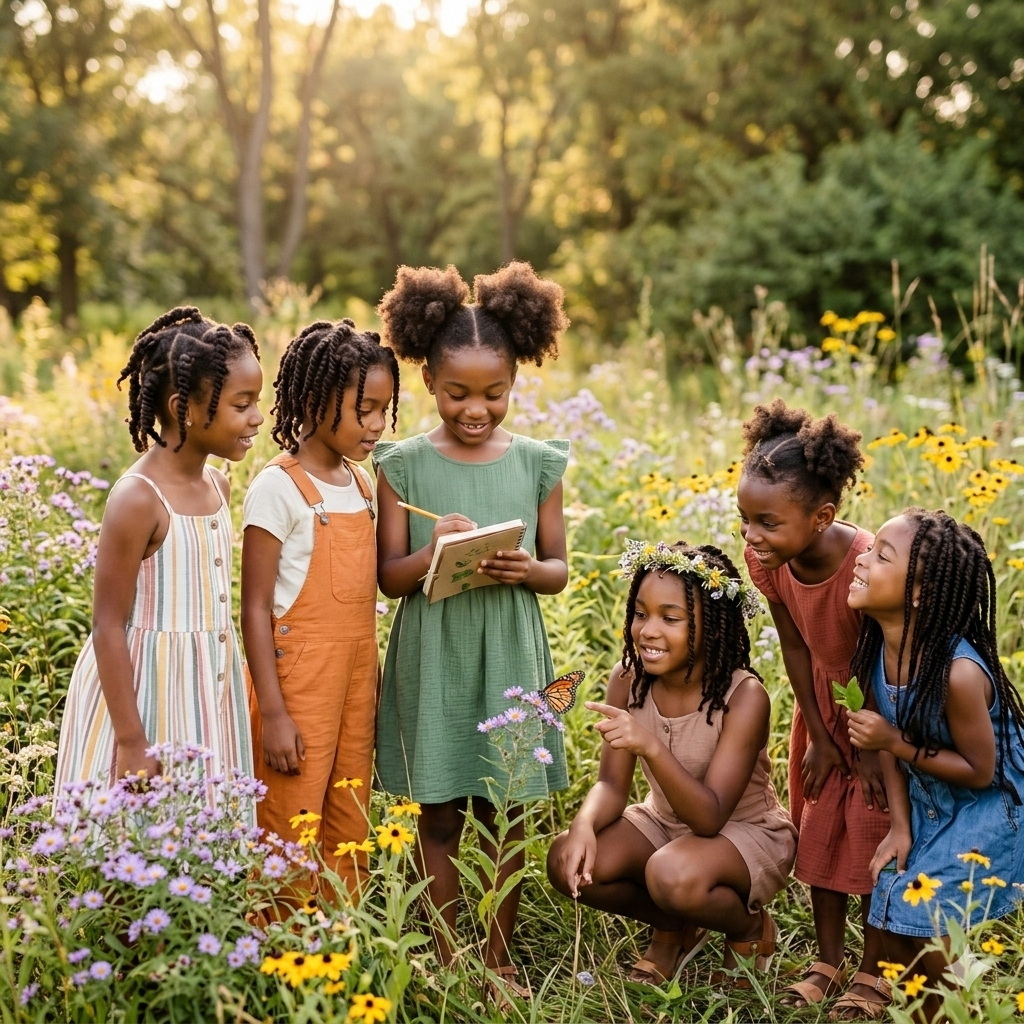 A group of Black girls gathered among wildflowers, one reading from a book
