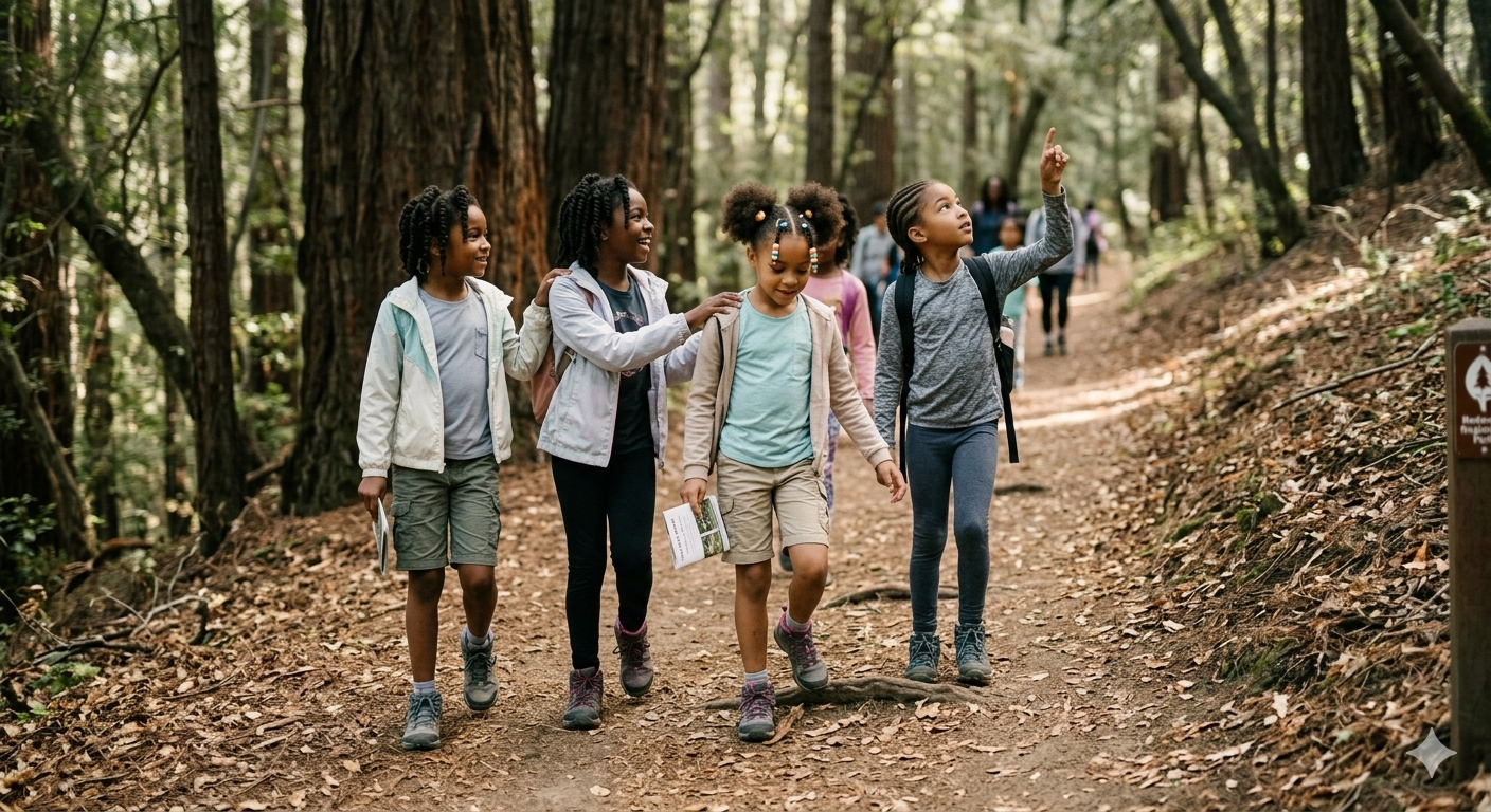 Girls walking and talking together on a redwood trail