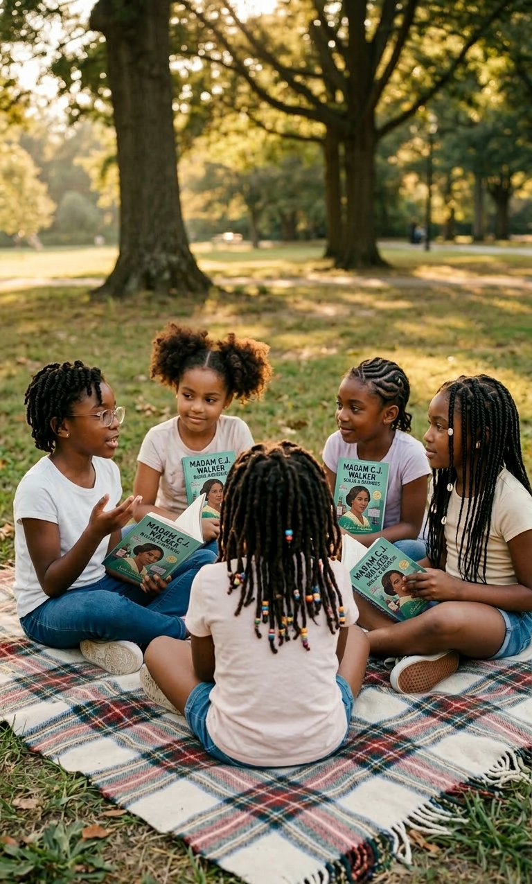 Girls reading books together on a picnic blanket