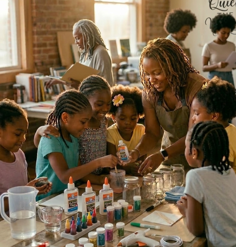 Girls making crafts around a table with a facilitator