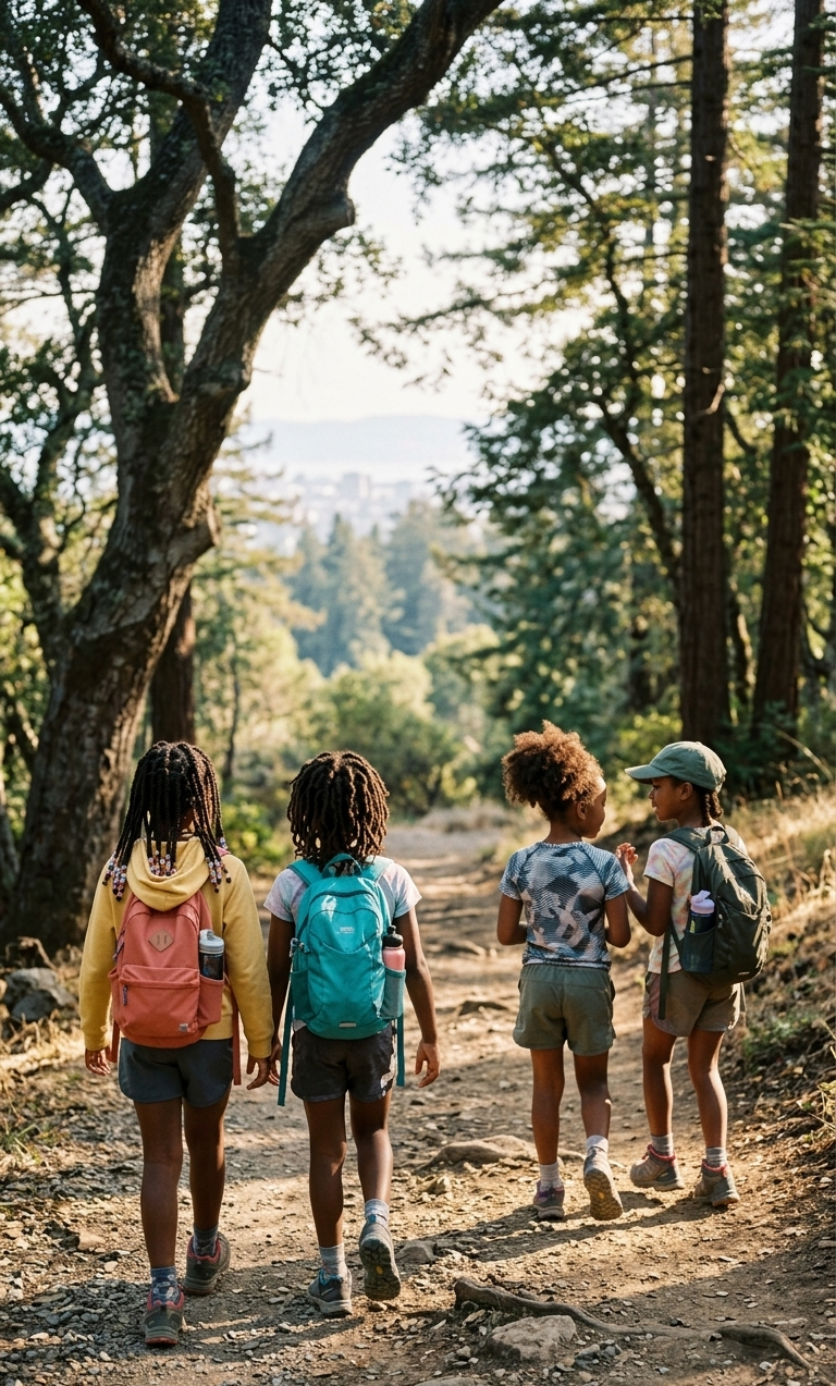 Girls with backpacks hiking a wooded trail