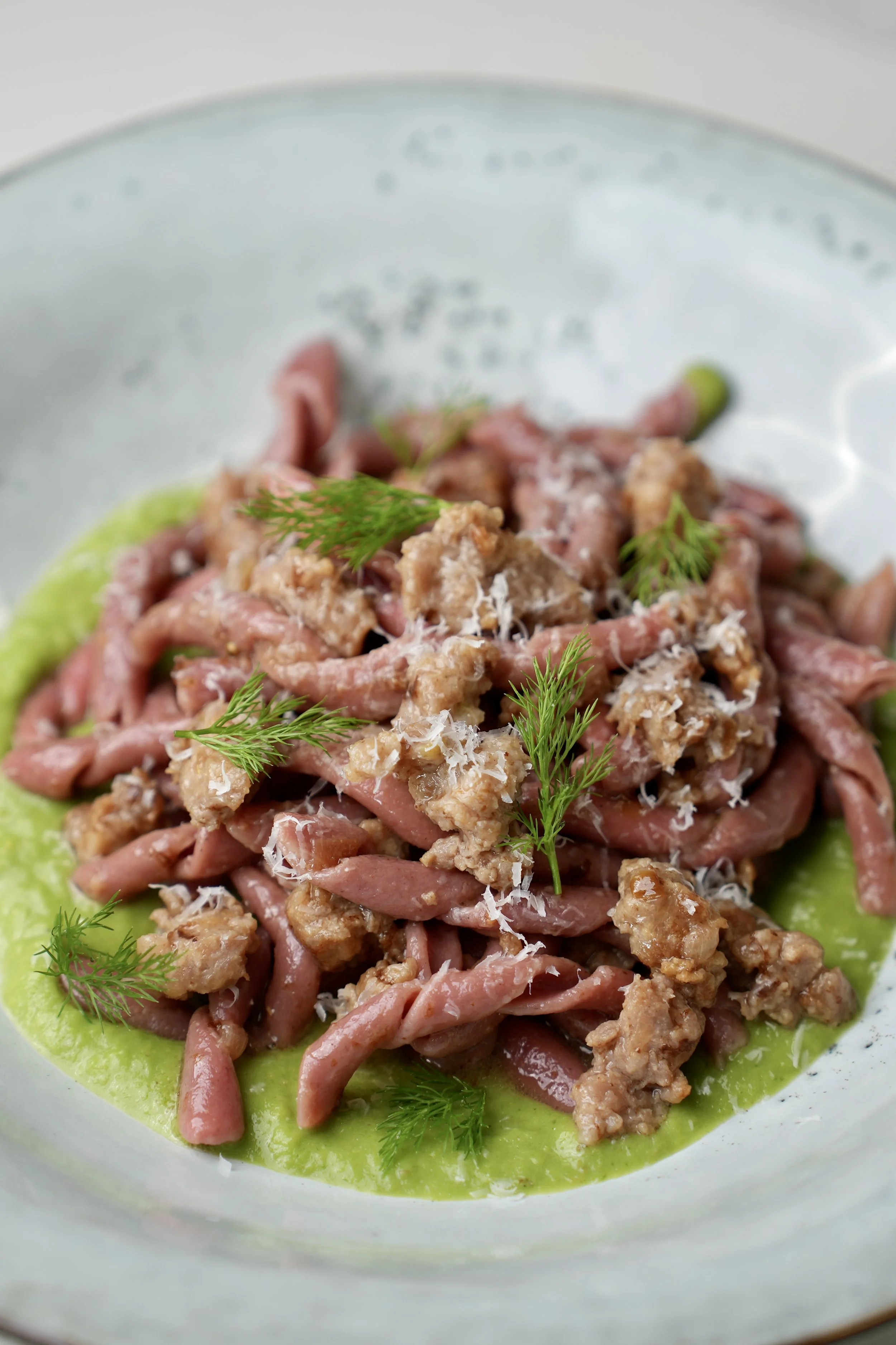 Beetroot fusilli, broccoli & salciccia
