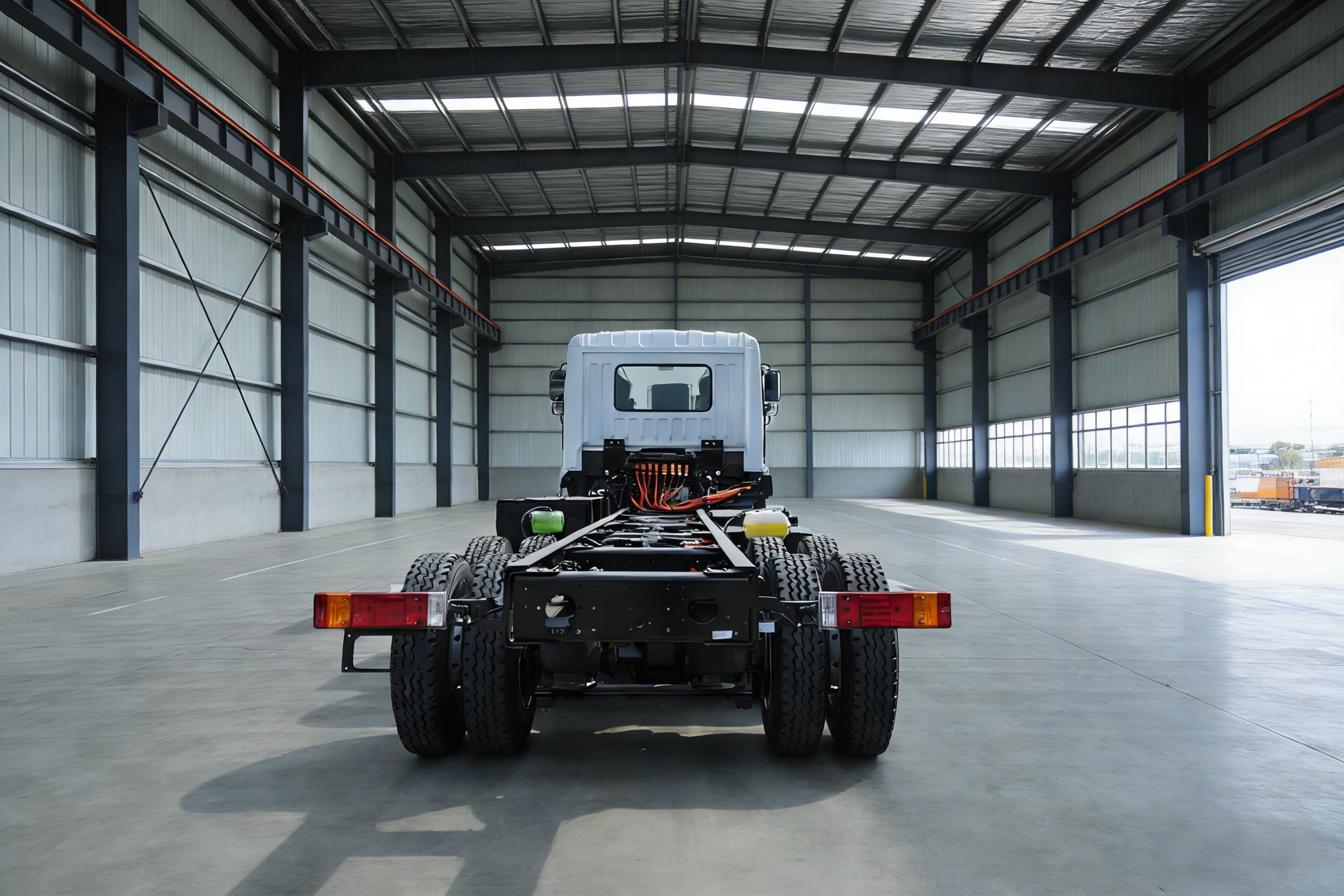 An empty industrial warehouse with a large open space, a metal roof, and a white electric truck chassis in the center, with visible wiring and tires, but no cargo or additional vehicles.