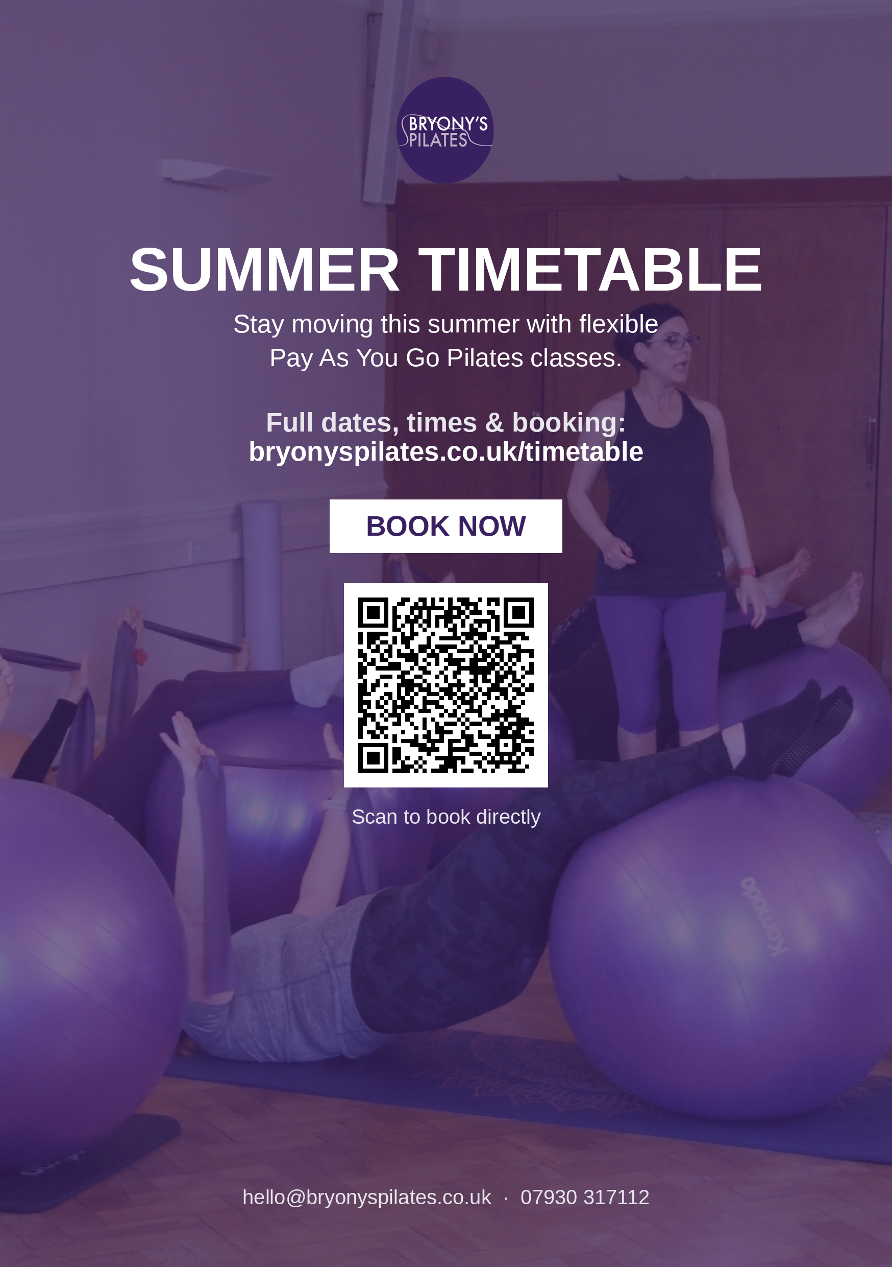 Summer Timetable
Stay moving this summer with flexible Pay As You Go Pilates classes. Whether you're around for the whole of August or just dipping in and out, you can book in whenever suits you, no commitment needed.