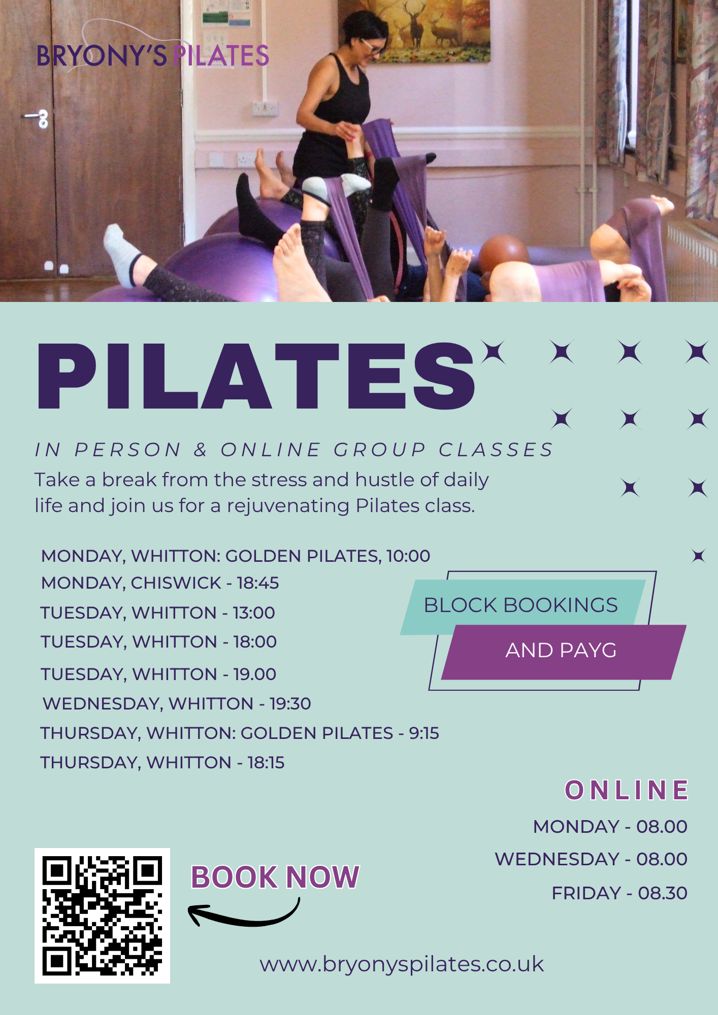 Timetable for all Bryony's Pilates classes - both in-person and online.