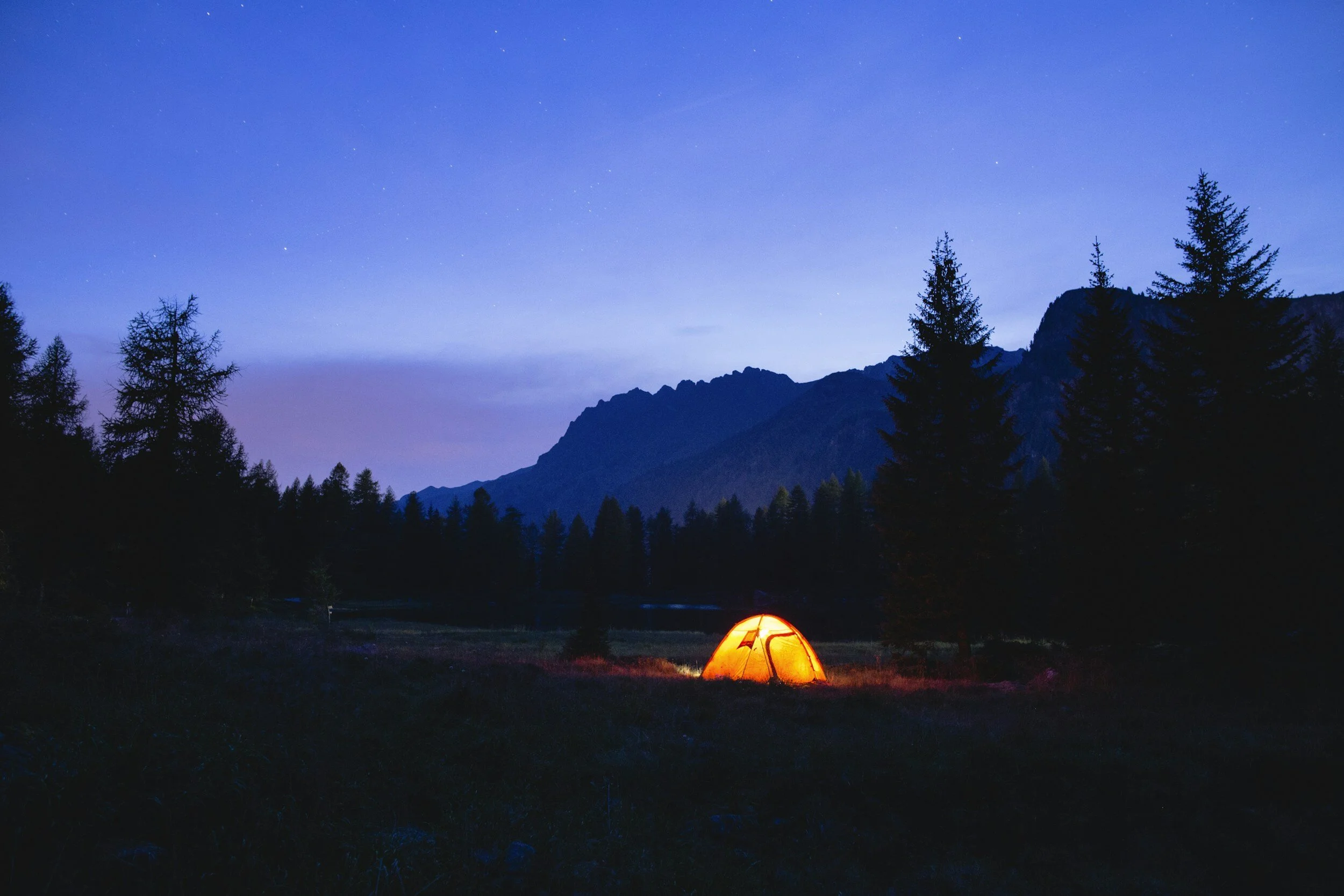 A glowing orange tent in a forest clearing at dusk, surrounded by tall pine trees with mountain silhouettes in the background under a starry sky.