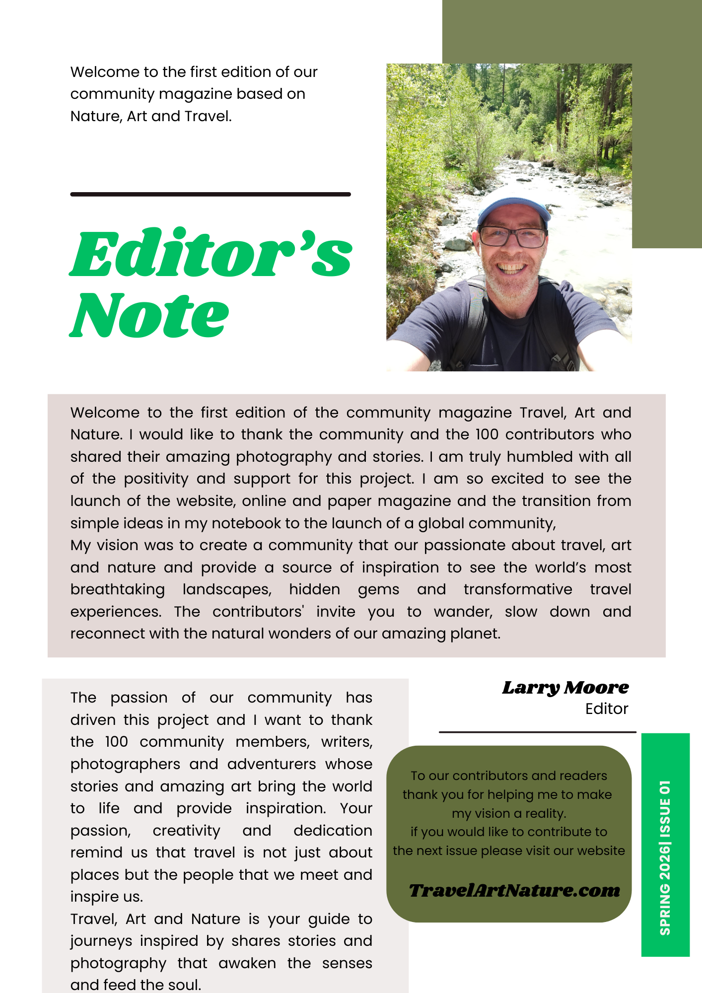 A magazine page with a photo of a smiling man outdoors surrounded by trees, text about nature and travel, and various sections including 'Editor's Note' and a message from the editor, Larry Moore.