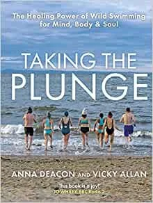 Book cover titled 'Taking the Plunge' showing six people holding hands and walking into the ocean at the beach, with a cloudy sky in the background.