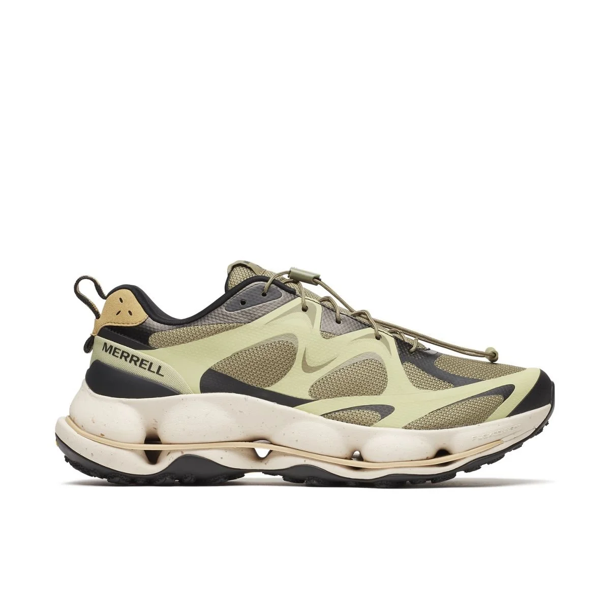 A beige and black Nike Merrell sneaker with a chunky sole, lace-up design, and mesh panels, positioned against a plain white background.