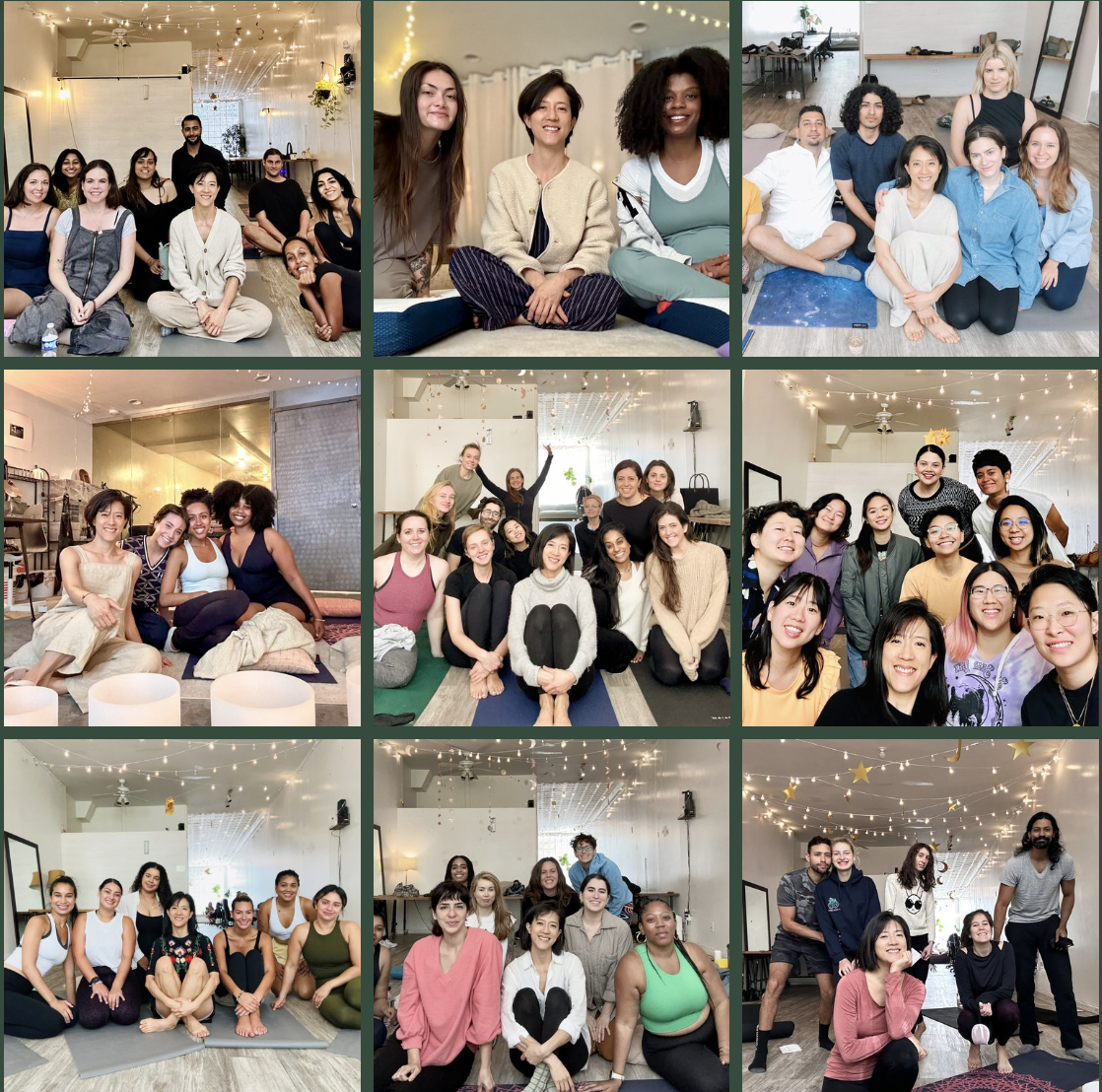 Collage of group sound bath sessions at Soundawn in Brooklyn featuring diverse participants gathered on mats after guided deep rest experiences led by Natalie Chan.