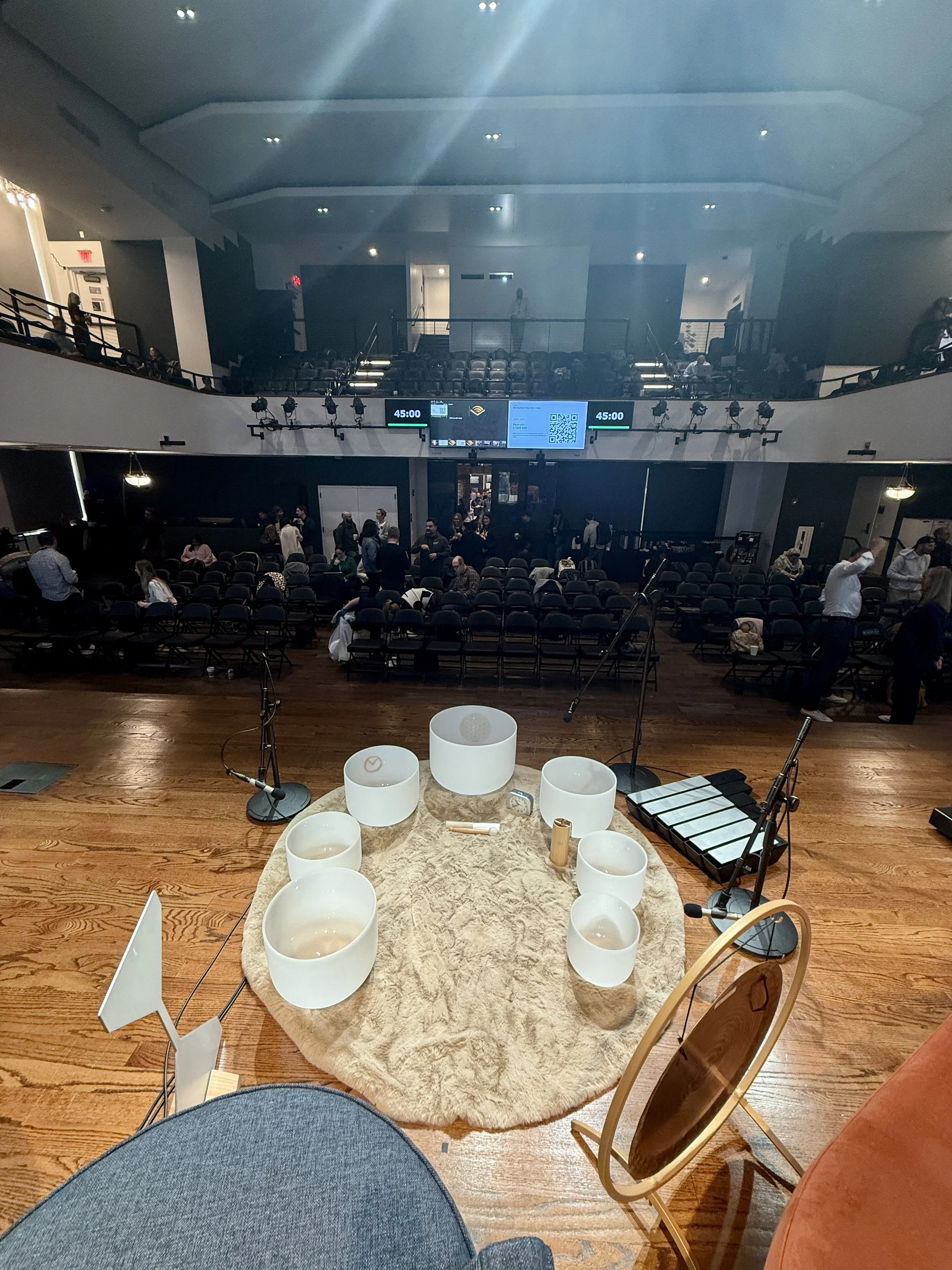 Crystal singing bowls set up for a corporate sound bath at Audible HQ — Soundawn NYC