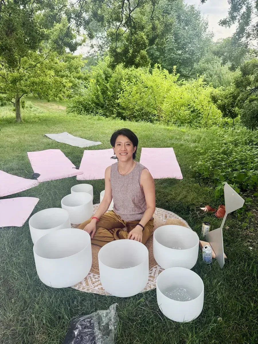 Natalie Chan and sound bowls at the New York Botanical Garden for the Bloomberg Day Sound Bath
