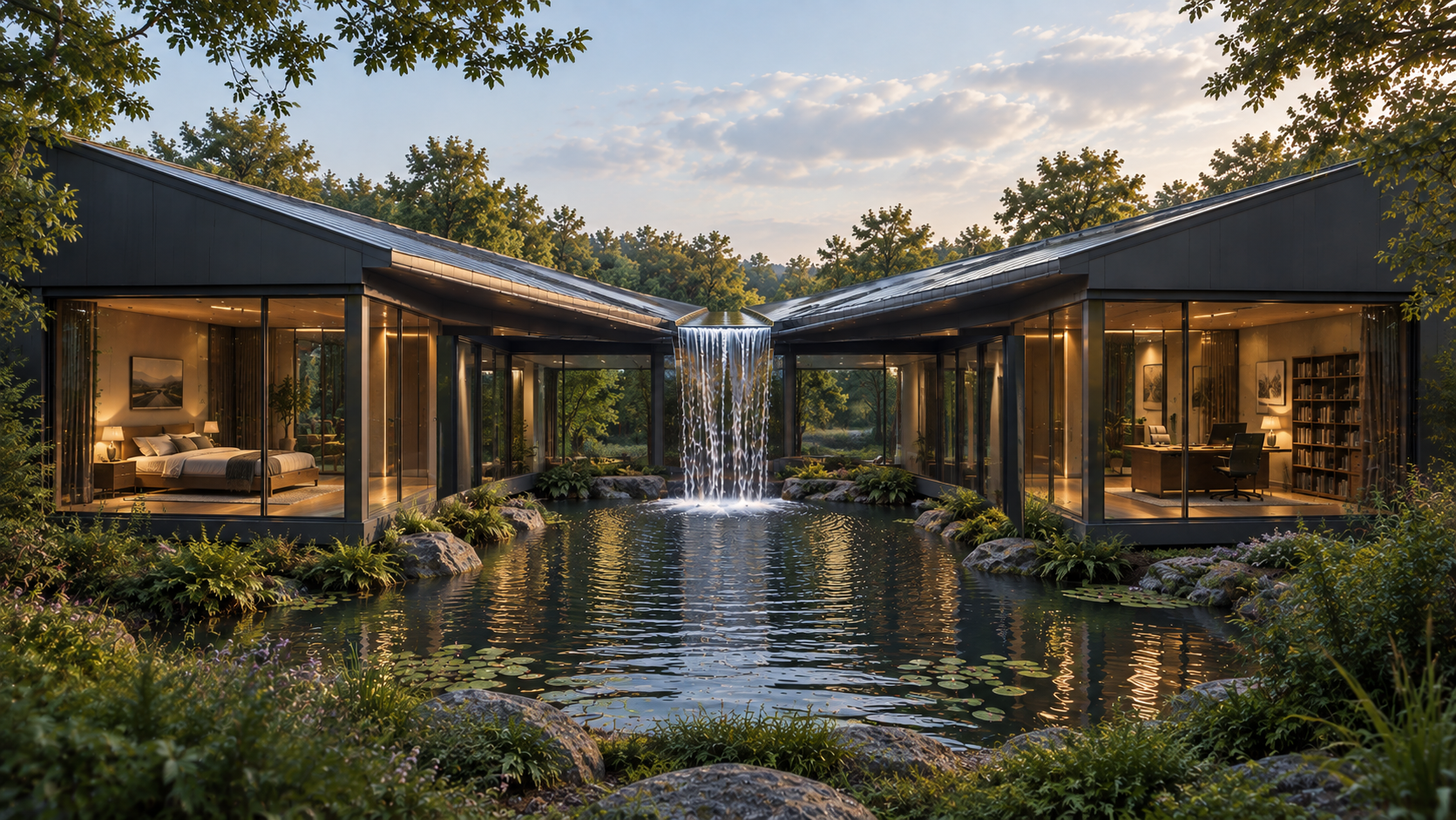 The Waterfall House was designed to utilize rainfall to maximize the sound of falling water.