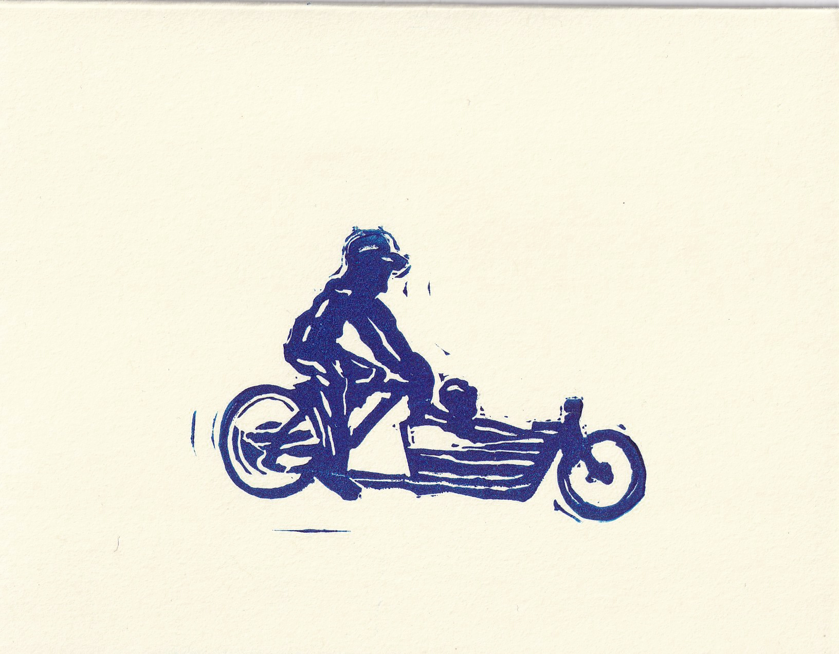 A one-color block print of a person riding a bucket bike with a kid in the bucket. Denver Colorado. Andrew Alger