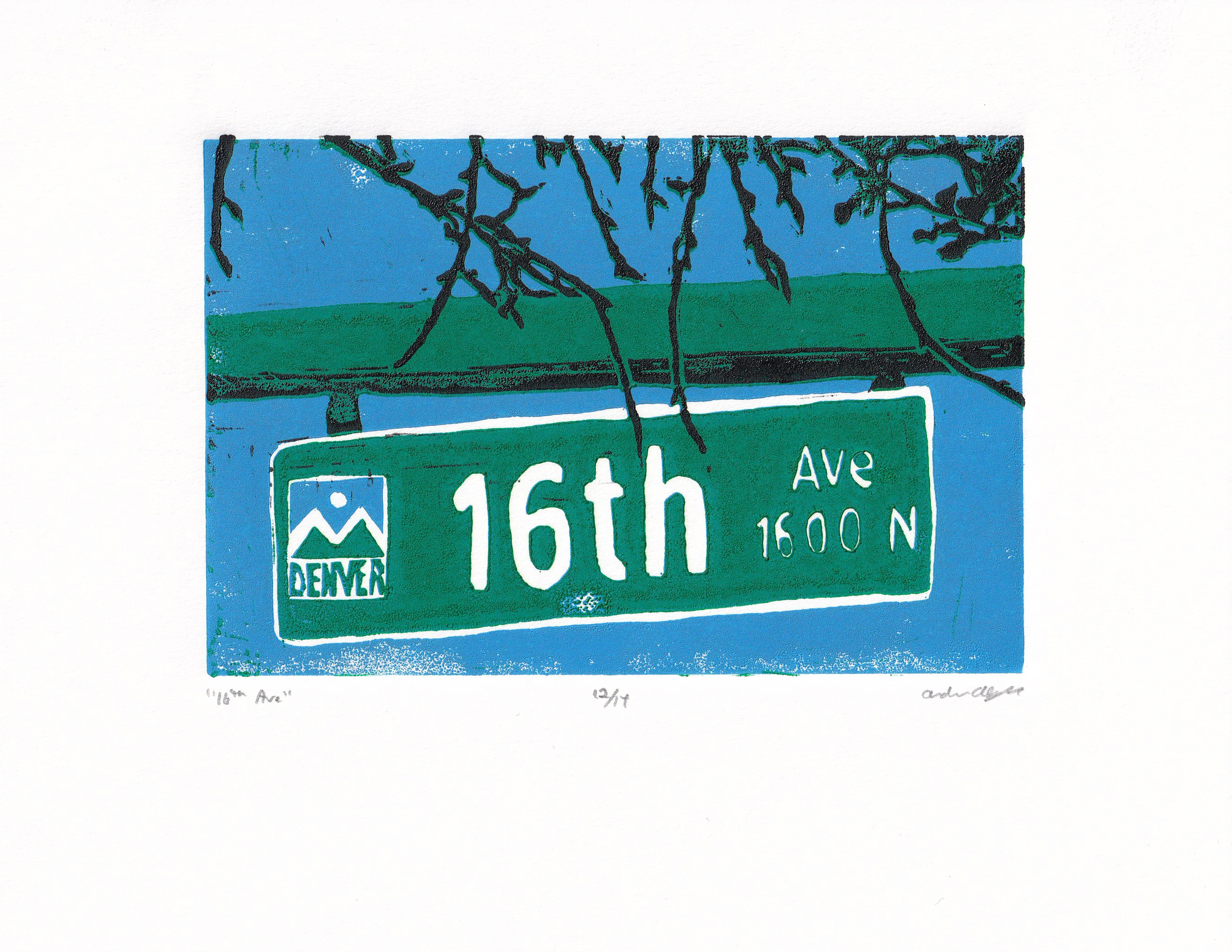 Linocut print of a street sign in Denver, Colorado, that says "16th Ave". It is a three-color reduction print in green, blue, and black.