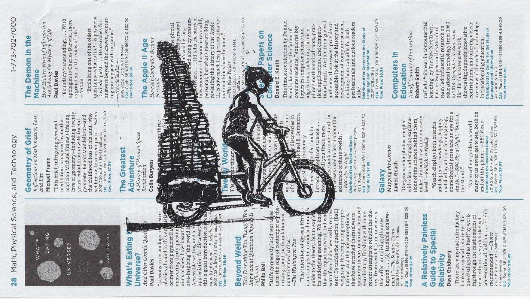 Test print of block print, black ink on newsprint. Image of person ridding a bicycle hauling a lot of books. Andrew Alger. Denver Colorado