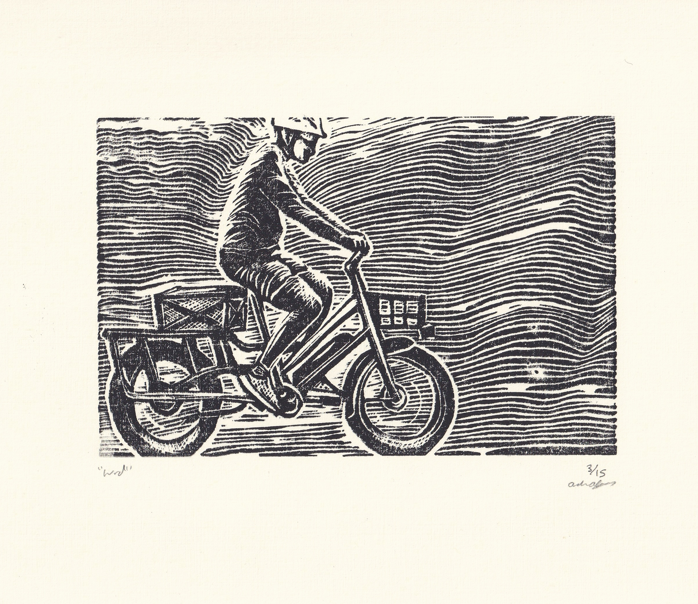 A one-color linocut print of a person riding an electric bike with a basket on the front of the bike. Black ink print. Denver Colorado. Printed by Andrew Alger
