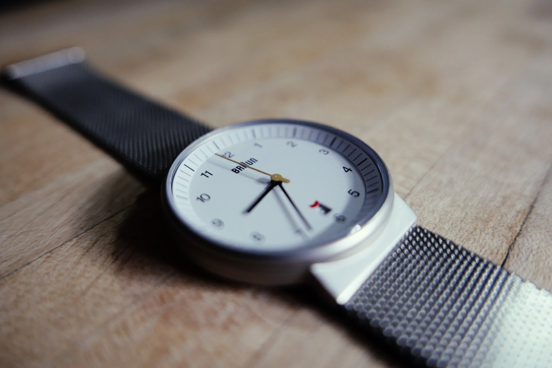 Close up image of a Braun watch. Designed by Dieter Rams. Simple and beautiful.