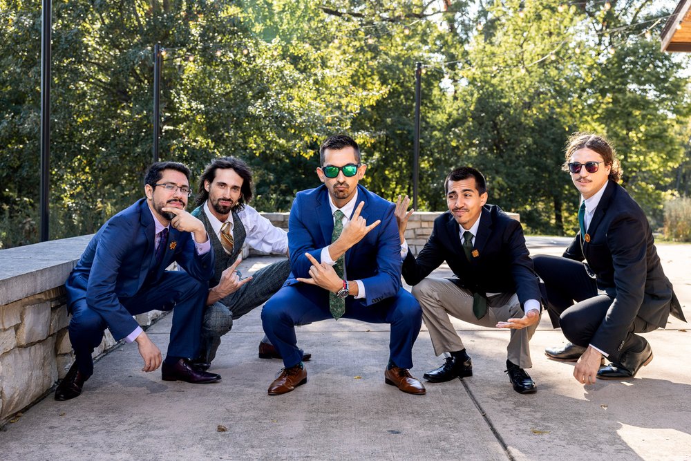 Alex Maldonado Photography | Chicago Wedding Photographer |  Four Rivers Environmental Education Center groomsman pictures fun squat.jpg