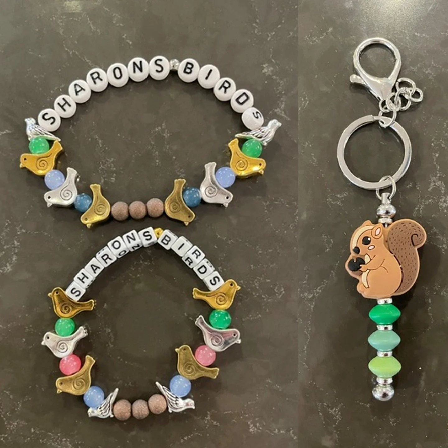 So this was a fun and unique Mother's Day order! We couldn't find an appropriate sized squirrel bead for the bracelets like the customer originally wanted so he graciously agreed to let brown beads stand in - but we figured throwing in the squirrel k
