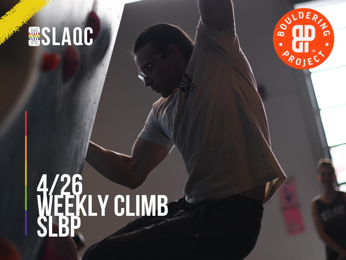 SLAQC WEDNESDAY MEETUP @ SLBP!

Can you believe it's almost MAY?! We are back at SLBP for our last climbing meet up of the month! We hope to see you there, enjoying the fun sends and groovy tunes 😎

Date: Wednesday, April 26th
Time: 6-9pm
Location: 